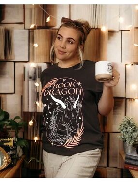 Bookish Box Graphic T-Shirt with illustrated Book Dragon typography Medium